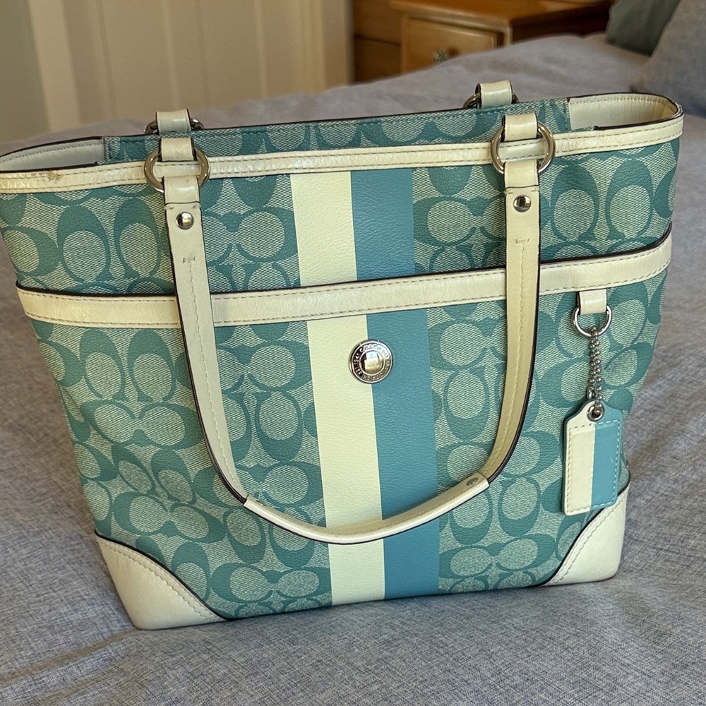 Coach Teal Signature Stripe Tote with Ivory Trim - Picture 2 of 15